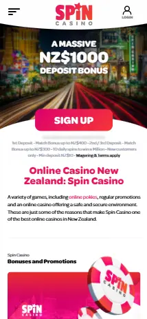 mobile homepage of spin casino