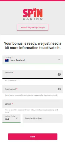spin casino registration page on mobile